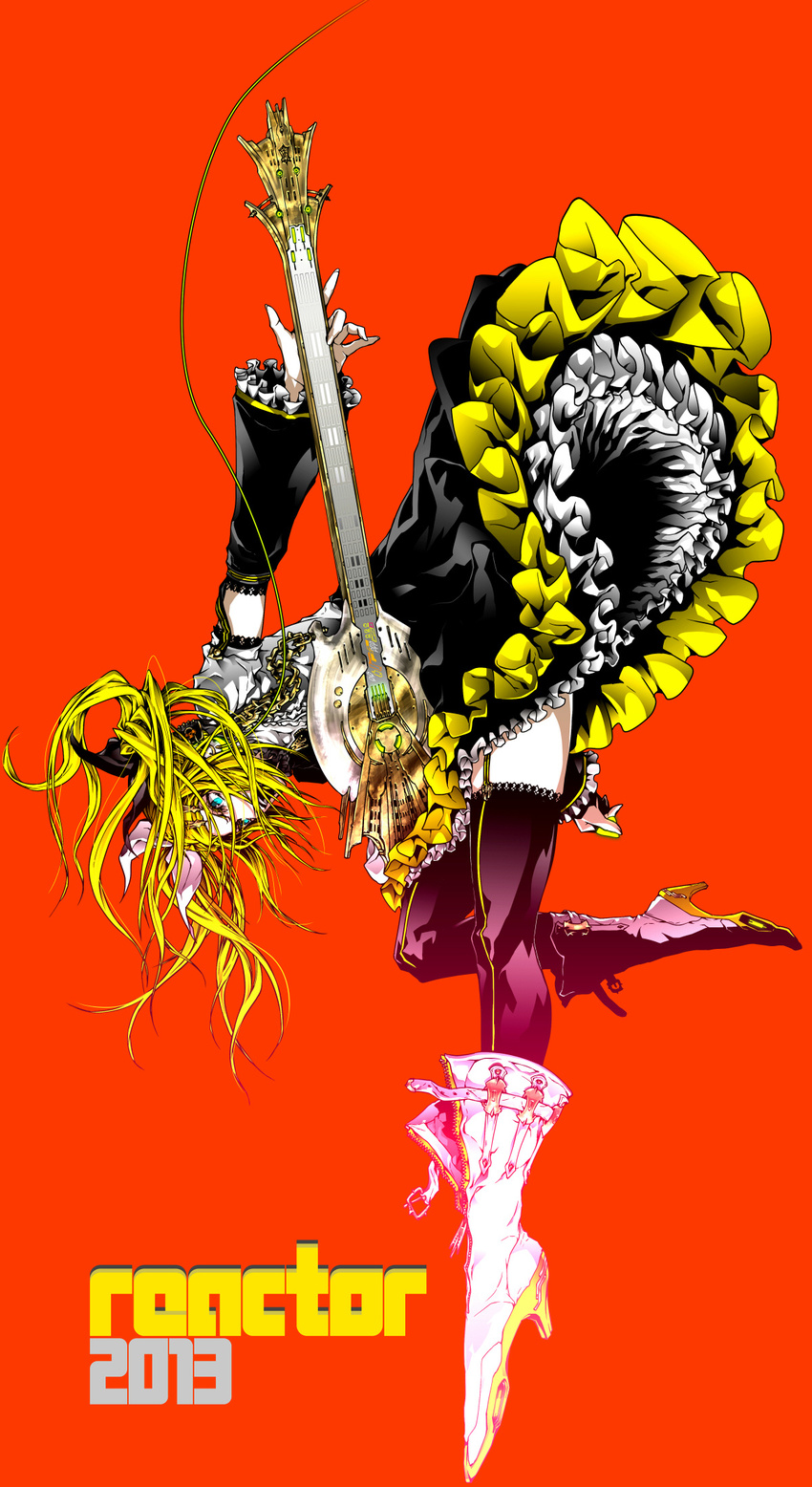 alternate_hairstyle aqua_eyes arm_warmers bass_guitar blonde_hair boots detached_sleeves dress elbow_gloves frills gloves guitar hair_ornament hair_ribbon hairclip highres instrument kagamine_rin kagamine_rin_(roshin_yuukai/hard_rkmix) long_hair nagimiso open_mouth ribbon roshin_yuukai_(vocaloid) skirt solo thighhighs twintails vocaloid zettai_ryouiki