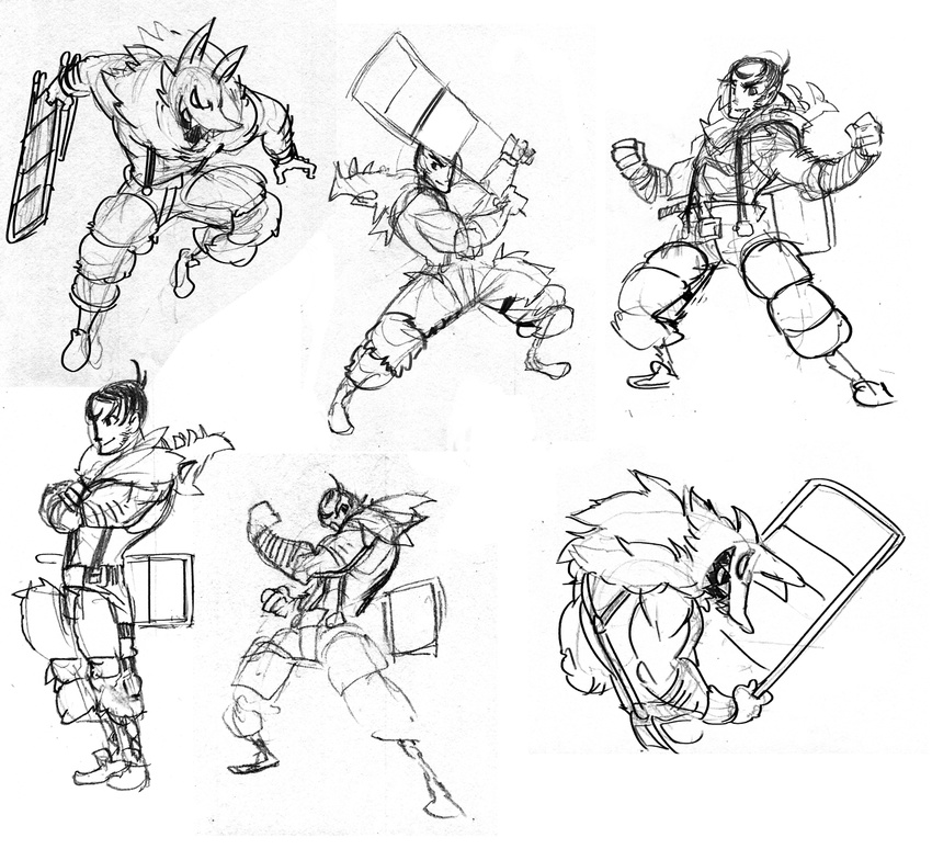 1boy arm_hair beowulf_(skullgirls) cape chair concept_art crossed_arms facial_hair folding_chair lab_zero_games male male_focus monochrome muscle official_art pelt shirtless sketch skullgirls solo stubble suspenders the_hurting