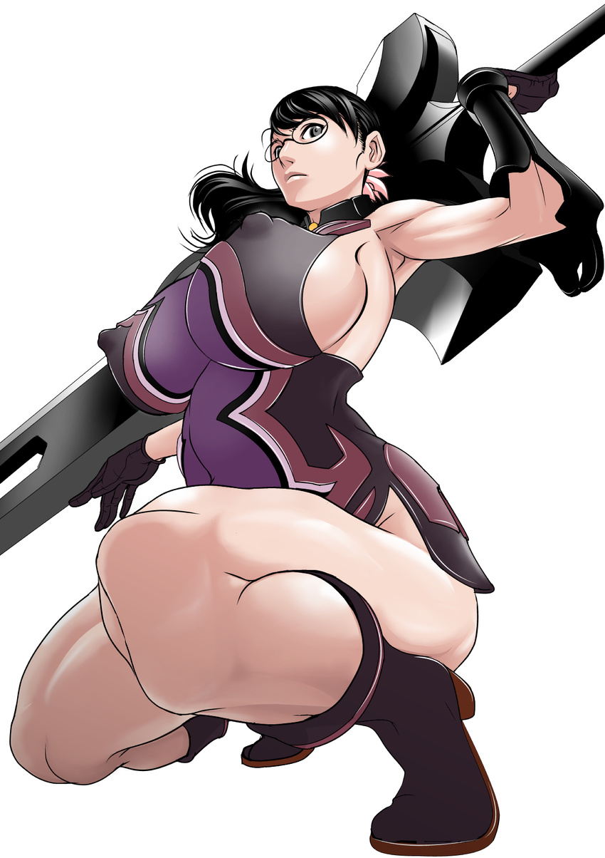 black_hair boots breasts cattleya covered_nipples full_body glasses gloves grey_eyes highres huge_breasts huge_weapon ponytail queen's_blade sideboob simple_background solo thighs weapon white_background