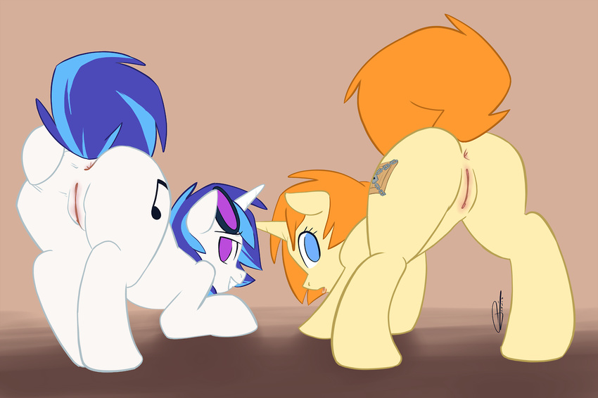 anus ass_up back_turned bent_over blue_eyes blue_hair butt cutie_mark duo equine eyewear female feral friendship_is_magic fur glasses grin hair horn horse jarvofgalen looking_back mammal multi-colored_hair my_little_pony nude open_mouth orange_hair original_character pony presenting presenting_hindquarters presenting_pussy purple_eyes pussy raised_tail short_hair signature simple_background smile spread_butt spread_legs spreading sunglasses two_tone_hair unicorn vinyl_scratch_(mlp) white_fur whoop_(mlp) yellow_fur