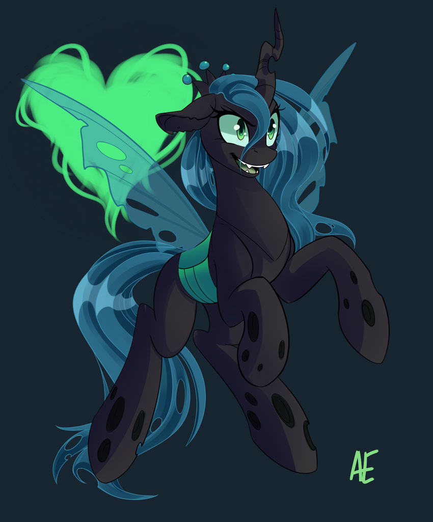 black_fur blue_hair changeling crown dark_background equine fangs female feral friendship_is_magic fur green_eyes hair hi_res holes horn horse long_hair mammal my_little_pony open_mouth plain_background pony queen_chrysalis_(mlp) signature smile solo spittfire tongue unicorn wing_boner wings