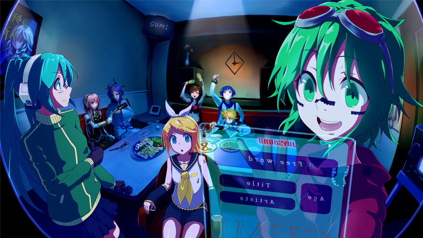 5girls akahane_daisuke arms_up bad_id bad_pixiv_id blonde_hair blue_eyes blue_hair brown_hair chair character_name clock detached_sleeves food gloves goggles goggles_on_head green_eyes green_hair grin gumi hair_ornament hair_ribbon hairclip hatsune_miku headphones highres holographic_interface instrument kagamine_len kagamine_rin kaito kamui_gakupo karaoke long_hair maracas matryoshka_(vocaloid) megurine_luka meiko microphone midriff multiple_boys multiple_girls open_mouth pink_hair ribbon short_hair shorts sitting skirt smile twintails very_long_hair vocaloid