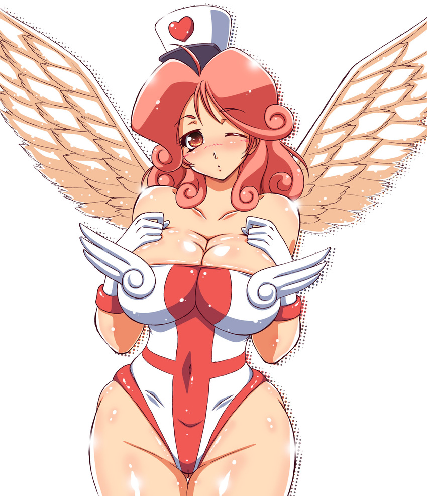 1girl angel angel_wings bare_shoulders breasts cleavage curvy duel_monster female gloves highleg highres huge_breasts injection_fairy_lily leotard long_hair mound_of_venus red_eyes red_hair simple_background solo standing white_background white_gloves white_wings wings wink yu-gi-oh! yukimaru_(gojo)