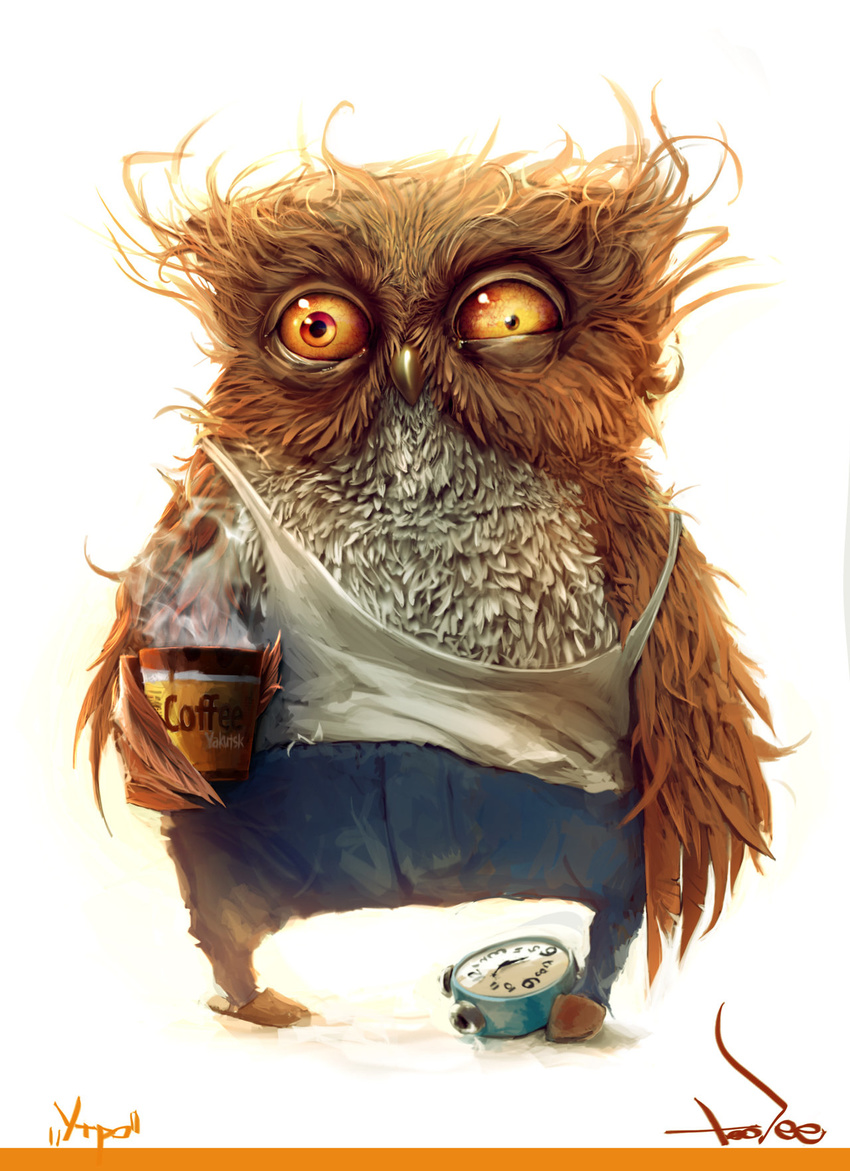 amazing avian beak bloodshot_eyes brown_feathers cloth clothing coffee feral half-closed_eyes looking_at_viewer male orange_eyes owl plain_background shirt signature slippers solo standing tank_top tired toodeee white_background white_feathers yellow_sclera