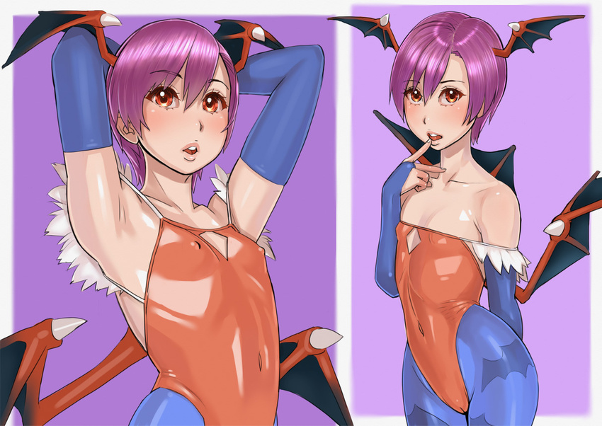 animal_print armpits bare_shoulders bat_print bat_wings bridal_gauntlets covered_navel covered_nipples demon_girl elbow_gloves flat_chest gloves head_wings leotard lilith_aensland looking_at_viewer open_mouth pantyhose print_legwear purple_hair red_eyes red_leotard short_hair solo succubus vampire_(game) wings zenkou