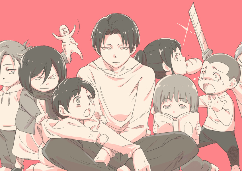 6+boys absurdres annie_leonhardt armin_arlert black_hair book connie_springer eren_yeager highres levi_(shingeki_no_kyojin) mikasa_ackerman multiple_boys multiple_girls rinda sasha_braus scarf shingeki_no_kyojin short_hair younger