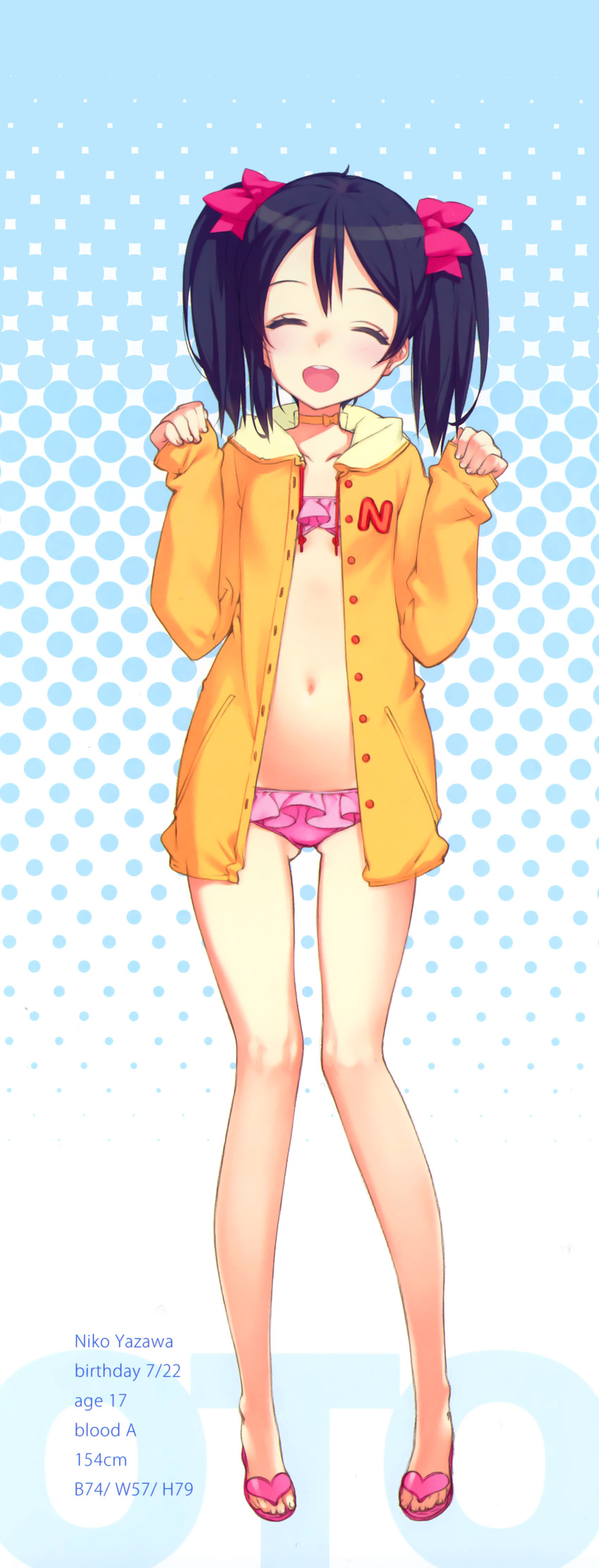 :d absurdres bare_legs bikini black_hair bow choker closed_eyes flat_chest frilled_bikini frills hair_bow halftone halftone_background highres hood hoodie jacket legs long_legs love_live! love_live!_school_idol_project navel ooyari_ashito open_mouth pink_bikini sandals scan sleeves_past_wrists slim_legs smile solo stats swimsuit thighs twintails yazawa_nico