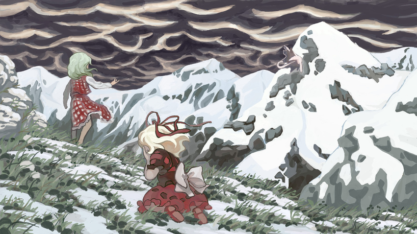 blonde_hair cloud d-nobi dress green_hair hair_ribbon kazami_yuuka kneeling medicine_melancholy mountain multiple_girls plaid plaid_skirt plaid_vest ribbon short_hair skirt skirt_set snow touhou umbrella vest