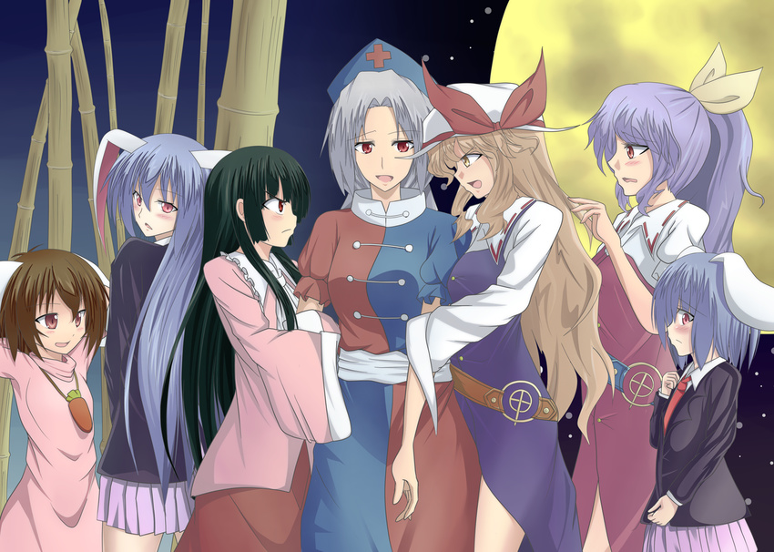 animal_ears black_hair blonde_hair breasts brown_hair bunny_ears commentary_request houraisan_kaguya inaba_tewi long_hair medium_breasts multiple_girls ponytail purple_hair reisen reisen_udongein_inaba shamisen_(syami_sen) short_hair touhou watatsuki_no_toyohime watatsuki_no_yorihime yagokoro_eirin yuri