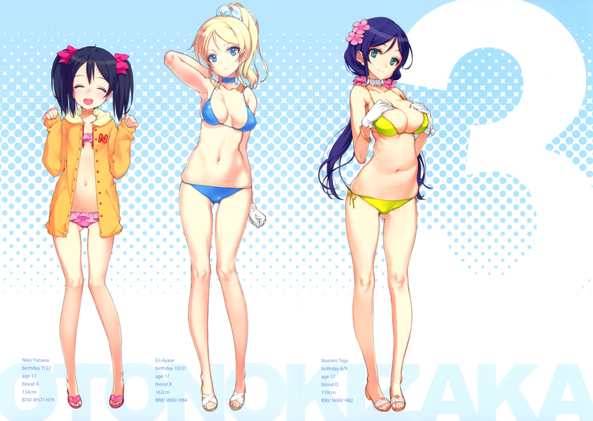 3girls ayase_eli bikini cleavage love_live!_school_idol_project oyari_ashito swimsuit toujou_nozomi yazawa_nico