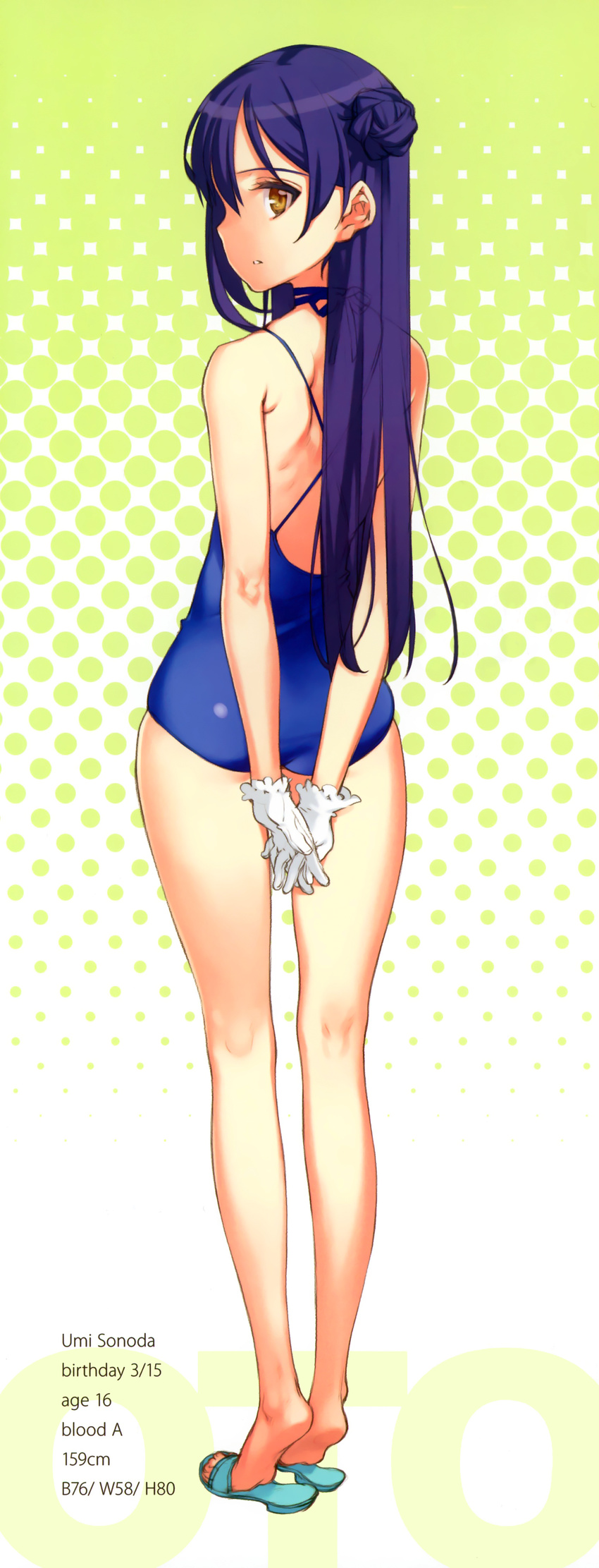 absurdres arms_behind_back ass bare_legs bare_shoulders brown_eyes casual_one-piece_swimsuit choker from_behind gloves hair_bun halftone halftone_background highres legs long_hair long_legs looking_back love_live! love_live!_school_idol_project one-piece_swimsuit ooyari_ashito parted_lips purple_hair sandals scan solo sonoda_umi stats swimsuit thighs white_gloves