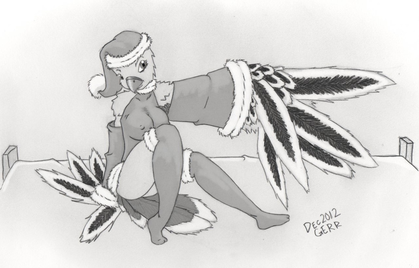 bed black_and_white breasts christmas crhistmas female greyscale holidays monochrome sitting solo turtle_dove winged-arms winged_arms zephod-b