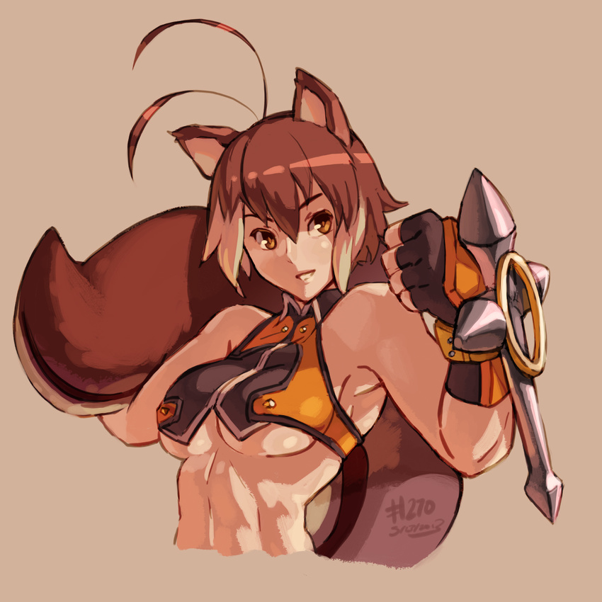 2013 animal_ears antenna_hair bare_shoulders blazblue breasts brown_eyes brown_hair crop_top dated fingerless_gloves gloves junkpuyo large_breasts makoto_nanaya midriff multicolored_hair navel revealing_clothes short_hair simple_background solo squirrel_ears squirrel_tail tail toned tonfa two-tone_hair underboob upper_body weapon