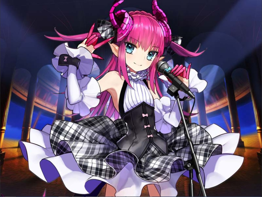 \m/ armpits asymmetrical_horns blue_eyes detached_sleeves elizabeth_bathory_(fate) elizabeth_bathory_(fate)_(all) fate/extra fate/extra_ccc fate_(series) horns jpeg_artifacts long_hair microphone microphone_stand official_art pink_hair pointy_ears rojiura_satsuki:_chapter_heroine_sanctuary wada_aruko