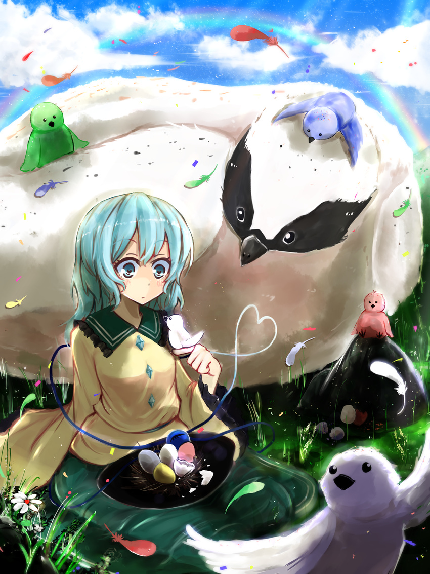 animal animal_on_head bird bird_on_hand bird_on_head blouse blue_eyes blue_hair blue_sky cloud day egg feathers flower grass hat hat_removed headwear_removed heart heart-shaped_pupils heart_of_string highres koga_rejini komeiji_koishi nest on_head oversized_animal rainbow rock seiza short_hair sitting skirt sky solo symbol-shaped_pupils third_eye touhou