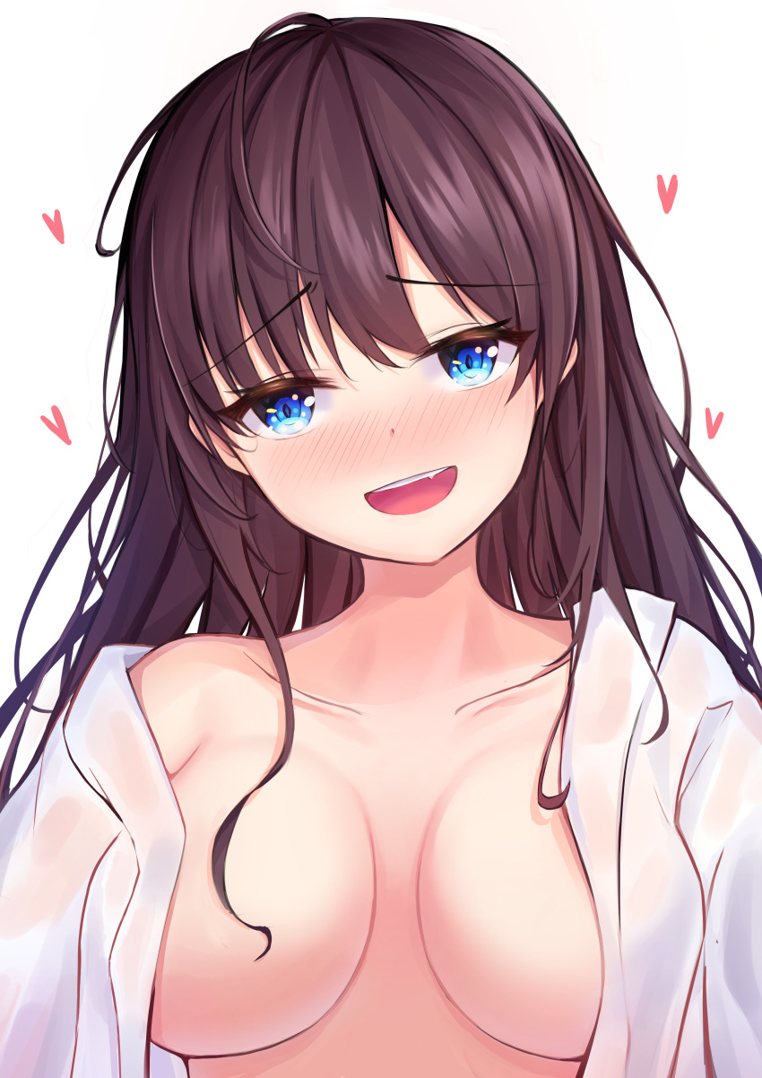 1girl absurdres ahoge bangs bare_shoulders blue_eyes blush breasts breasts_apart collarbone commentary doyagao eyebrows_visible_through_hair eyes_visible_through_hair fang full-face_blush grin heart highres ichinose_shiki idolmaster idolmaster_cinderella_girls long_hair looking_at_viewer machin4719 medium_breasts no_bra off_shoulder open_clothes open_mouth open_shirt parted_bangs purple_hair round_teeth sidelocks simple_background smile smug teeth upper_body white_background