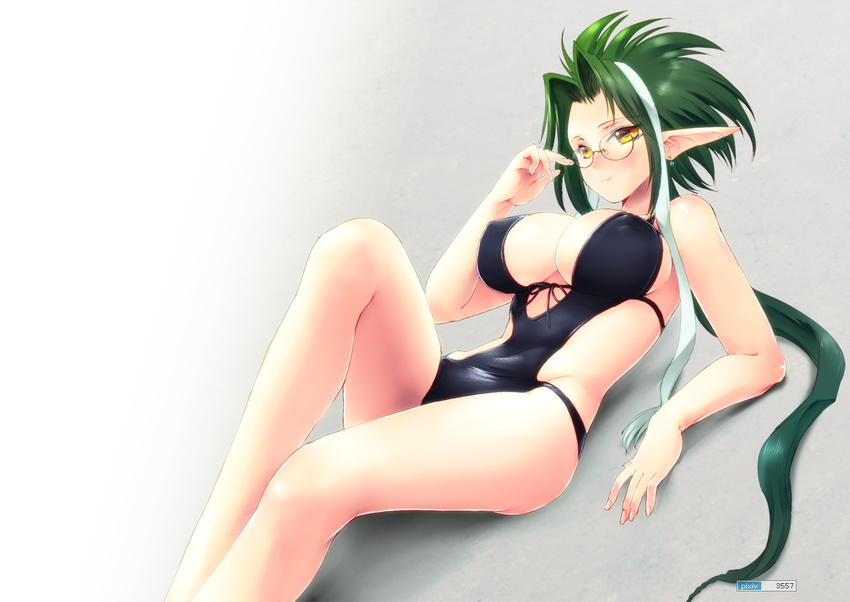 adjusting_eyewear arm_support bare_shoulders breasts center_opening cleavage glasses green_hair grey_background knee_up large_breasts legs looking_at_viewer lying on_back original pointy_ears ponytail simple_background solo swimsuit underboob yagisaka_seto yellow_eyes