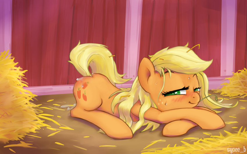after_sex applejack_(mlp) barn bedroom_eyes blonde_hair butt cum cum_on_butt cutie_mark equine female feral freckles friendship_is_magic fur green_eyes hair hay horse inside looking_at_viewer lying mammal messy messy_hair my_little_pony orange_fur pony smile solo straw sweat syoee_b