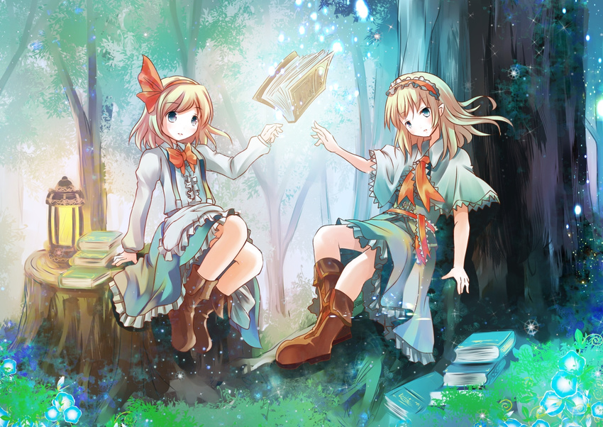 alice_margatroid alice_margatroid_(pc-98) apron blonde_hair blue_eyes book boots bow capelet dress forest forest_of_magic hair_ribbon headband knees_up lantern light_particles long_sleeves looking_at_viewer multiple_girls nature parted_lips ribbon risutaru sash sitting skirt suspenders time_paradox touhou touhou_(pc-98) tree_stump waist_apron