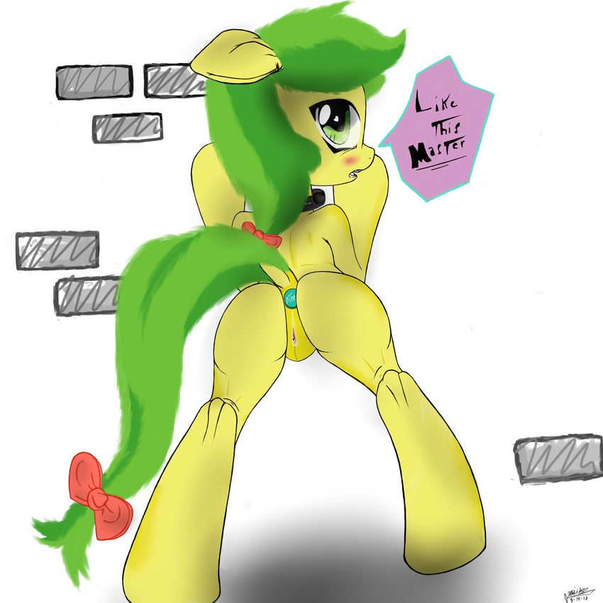 absurd_res anal anal_insertion anal_penetration anus apple_fritter_(mlp) applefritter blush bow butt buttplug clitoris collar dildo equine female feral friendship_is_magic green_hair hair hi_res horse insertion looking_back majikplant420 mammal master masturbation my_little_pony penetration plain_background pony presenting presenting_pussy pussy pussy_juice sex_toy solo text white_background yellow_body