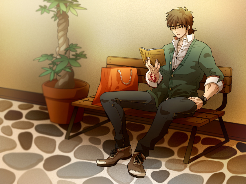 akei bad_id bad_pixiv_id bench black_eyes blurry book brown_hair casual command_spell depth_of_field fate/zero fate_(series) hand_in_pocket kotomine_kirei male_focus plant potted_plant reading shoes sitting sneakers solo sweater