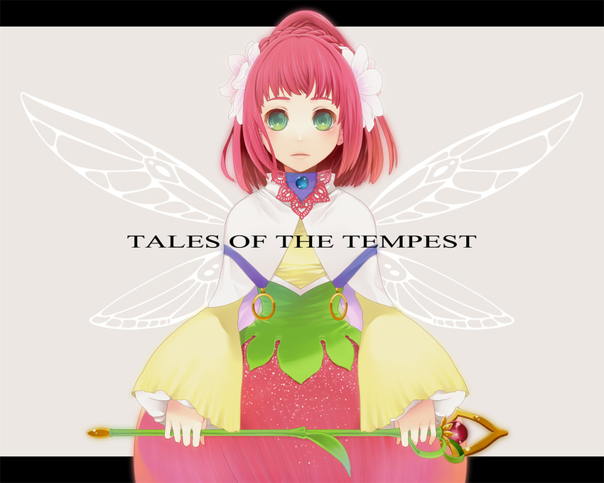 bad_id bad_pixiv_id braid bubble_skirt capelet copyright_name dress expressionless flower green_eyes hair_flower hair_ornament letterboxed noji_(grop) pink_hair rubia_natwick short_hair skirt solo tales_of_(series) tales_of_the_tempest