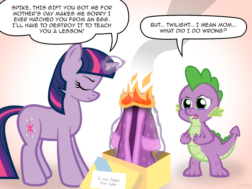 clothing cutie_mark dialog dragon duo english_text equine eyes_closed female feral fire friendship_is_magic fur gift green_eyes hair horn horse jepso magic male mammal my_little_pony open_mouth parody plain_background pony purple_fur sad scalie smoke spike_(mlp) tears text twilight_sparkle_(mlp) two_tone_hair unicorn young