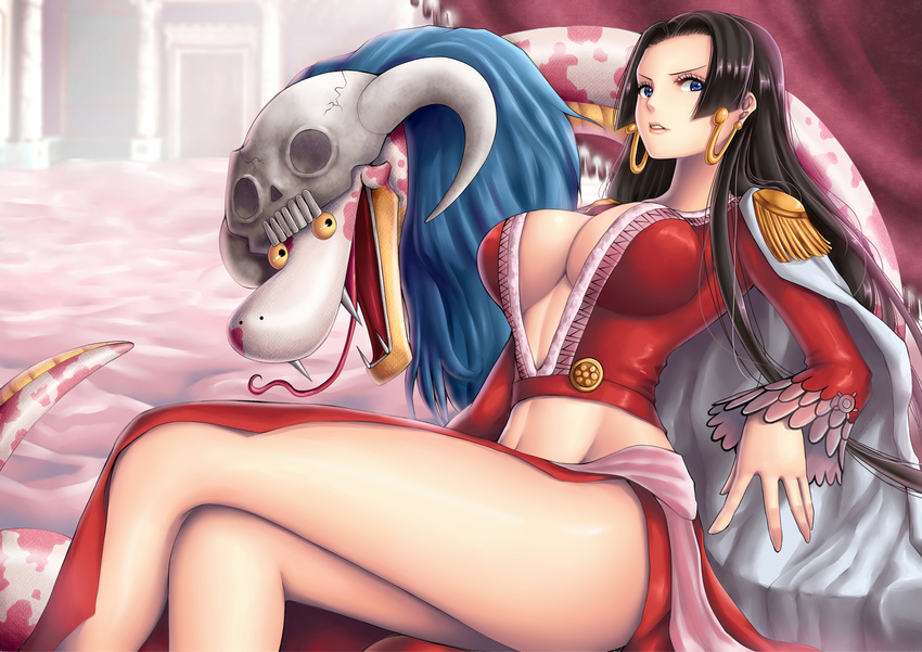 amazon black_hair blue_eyes boa_hancock breasts cape center_opening cleavage crossed_legs earrings epaulettes fangs highres horns jewelry large_breasts legs long_hair long_legs long_sleeves midriff one_piece salome_(one_piece) sash side_slit sitting skull snake snake_earrings thighs tongue very_long_hair yellow_sclera yumiyokiak
