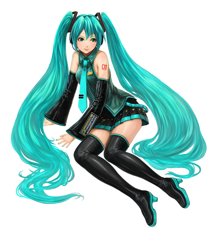 boots detached_sleeves fayse full_body green_eyes green_hair hatsune_miku headset highres long_hair necktie skirt solo thigh_boots thighhighs twintails very_long_hair vocaloid white_background