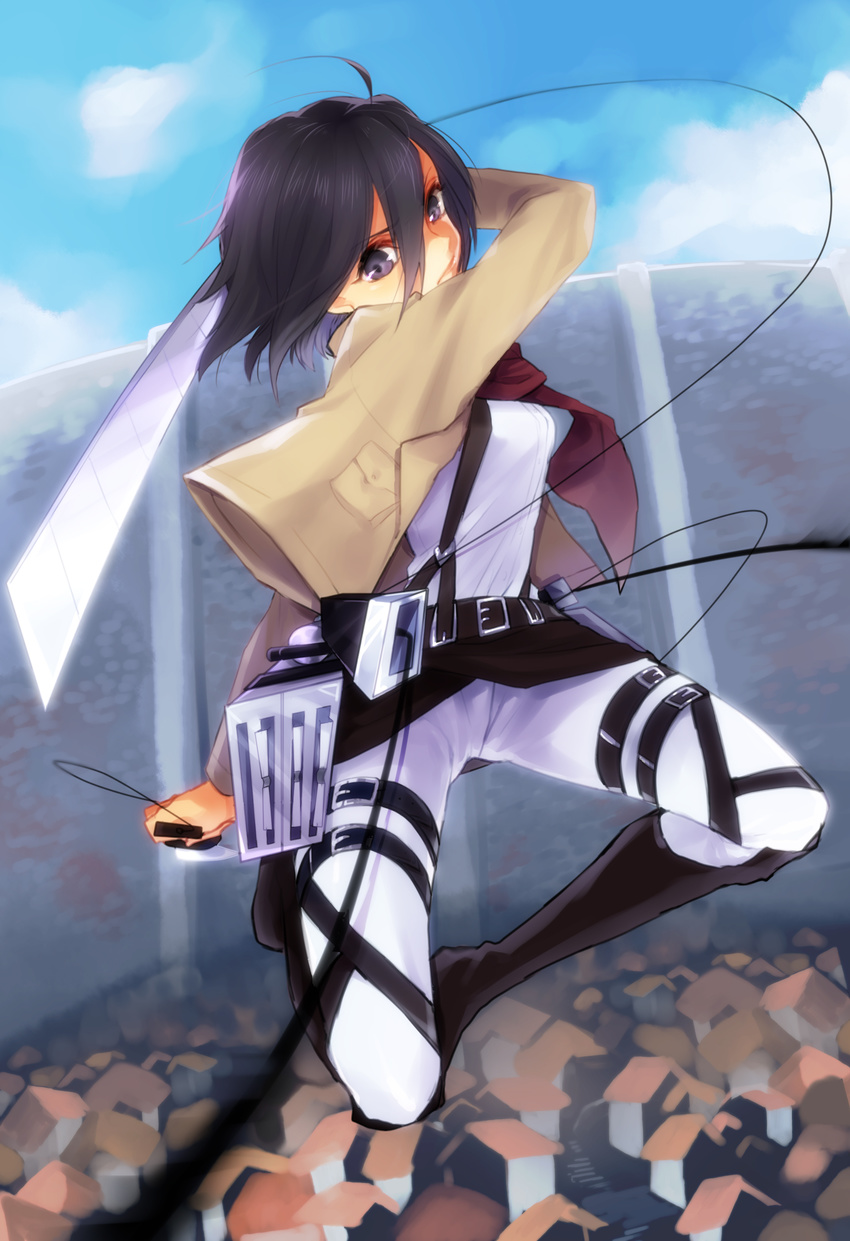 absurdres black_eyes black_hair boots etsuo highres jacket mikasa_ackerman paradis_military_uniform shingeki_no_kyojin short_hair sword thigh_strap three-dimensional_maneuver_gear weapon