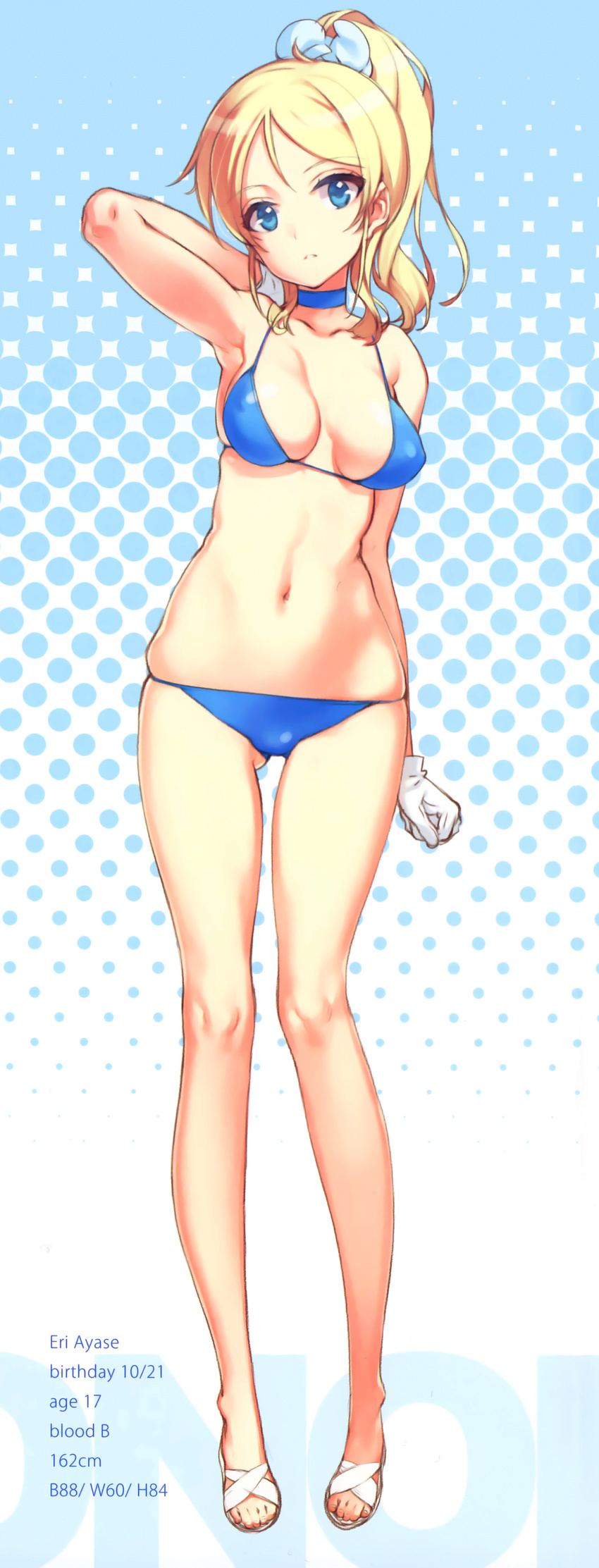 absurdres arm_up armpits ayase_eli bare_legs bare_shoulders bikini blonde_hair blue_bikini blue_eyes breasts choker cleavage gloves halftone halftone_background highres legs long_hair long_legs love_live! love_live!_school_idol_project medium_breasts navel ooyari_ashito parted_lips ponytail sandals scan skindentation solo stats string_bikini swimsuit thighs white_gloves