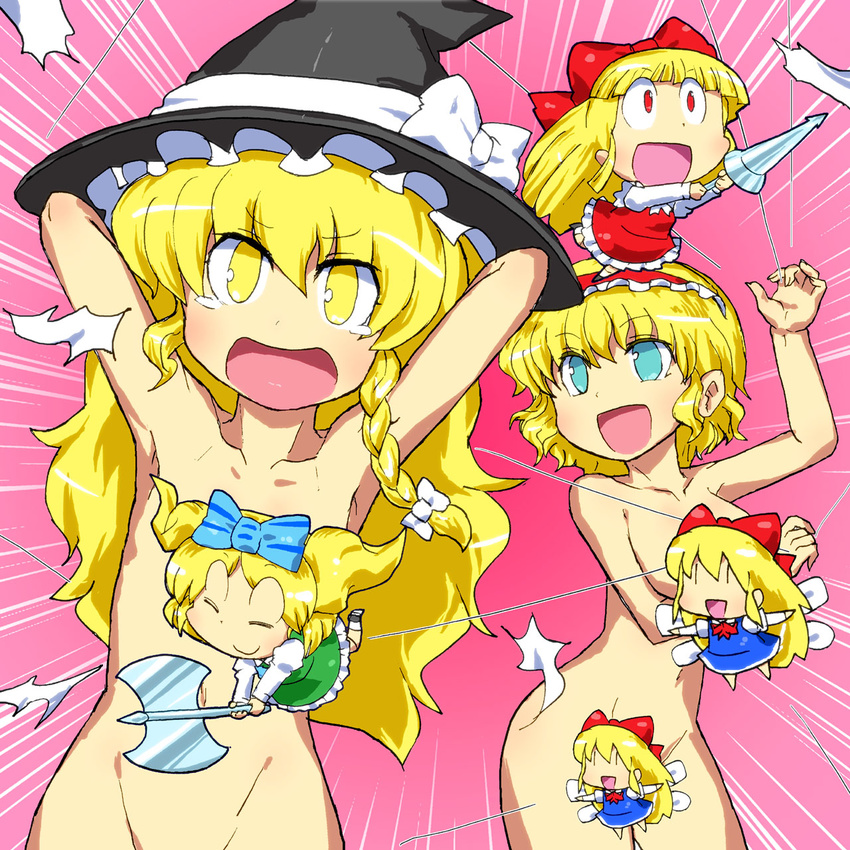 alice_margatroid axe blonde_hair blue_eyes bow braid censored collarbone convenient_censoring gomi_ichigo hat highres hourai_doll kirisame_marisa multiple_girls navel nude open_mouth out-of-frame_censoring shanghai_doll tears touhou weapon yellow_eyes