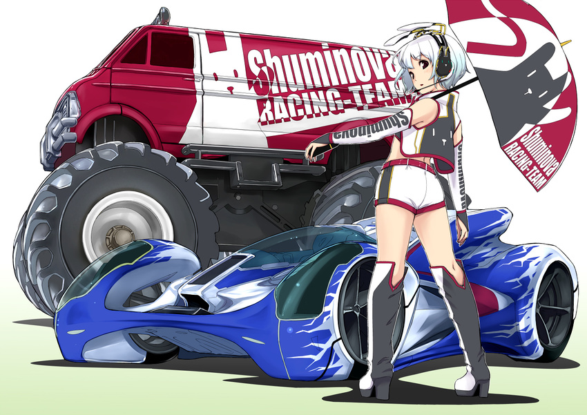 blush boots bridal_gauntlets gustav_(telomere_na) headset highres looking_at_viewer looking_back midriff monster_truck original race_queen racecar red_eyes silver_hair solo umbrella