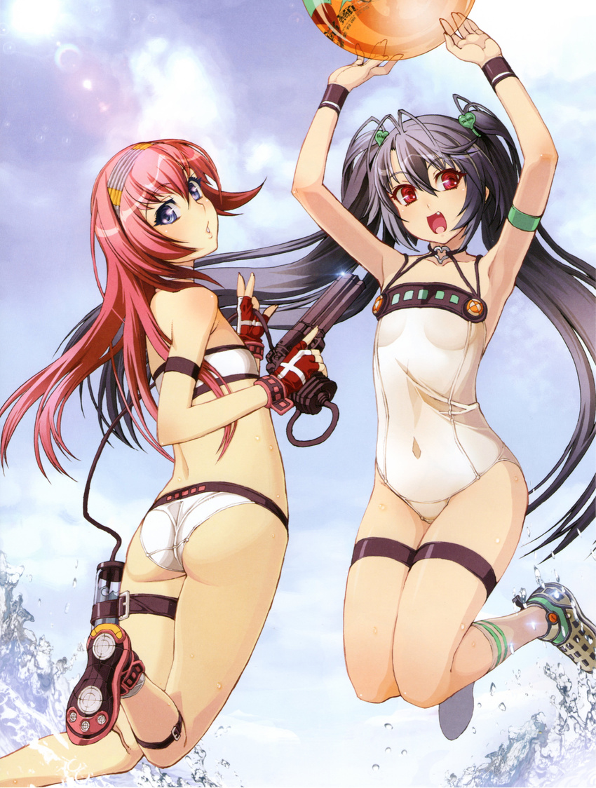 absurdres arms_up ball bikini black_hair blue_eyes breasts cloud collarbone covered_navel day fang fingerless_gloves gloves gun hair_ornament hairband highres long_hair looking_at_viewer looking_back multiple_girls nishii_(nitroplus) one-piece_swimsuit open_mouth outdoors red_eyes red_hair scan see-through shoes sky small_breasts smile sneakers sunlight swimsuit twintails water water_gun weapon wristband