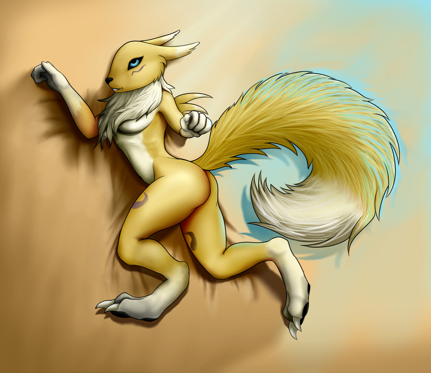 anthro black_nose blue_eyes breasts canine chest_tuft claws digimon digitigrade female fox fur looking_at_viewer lying mammal markings nude paintchaser pawpads pose renamon smile socks_(marking) solo tuft two_tone yellow_fur