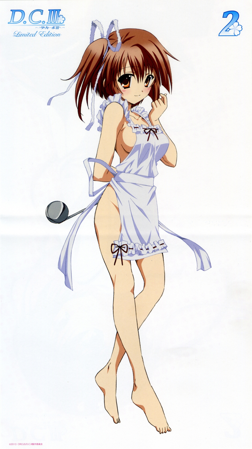 absurdres apron arms_behind_back barefoot blu-ray_cover blush breasts brown_eyes brown_hair cover crease da_capo da_capo_iii feet hair_ribbon highres hinomoto_aoi ladle legs medium_breasts naked_apron non-web_source official_art ribbon scan screening short_hair side_ponytail sideboob smile solo