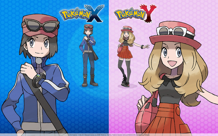 1boy 1girl bag bangle baseball_cap black_hair blue_eyes boots bracelet calme_(pokemon) close-up female_protagonist_(pokemon_xy) handbag hat jacket jewelry light_brown_hair long_hair male_protagonist_(pokemon_xy) nintendo official_art pleated_skirt pokegear pokemon pokemon_(game) pokemon_xy satchel serena_(pokemon) shoes skirt smile sneakers sugimori_ken sunglasses sunglasses_on_head thighhighs track_jacket zettai_ryouiki