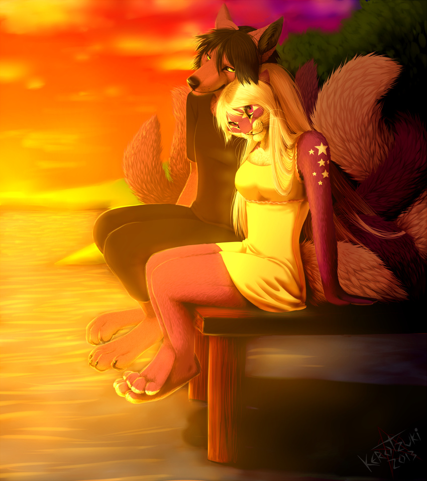 afternoon barefoot black_hair black_nose black_skin blonde_hair breasts brown_fur canine cat claws clothed clothing cloud cuddling dock dress feline female fluffy fur grass hair happy hi_res kero_tzuki kerotzuki lake long_hair looking_at_viewer looking_up male mammal outside pants plant pointy_ears purple_fur shadow shiny shirt short_hair sitting sky smile squint star straight tree water whiskers white_fur wolf wood yellow_eyes