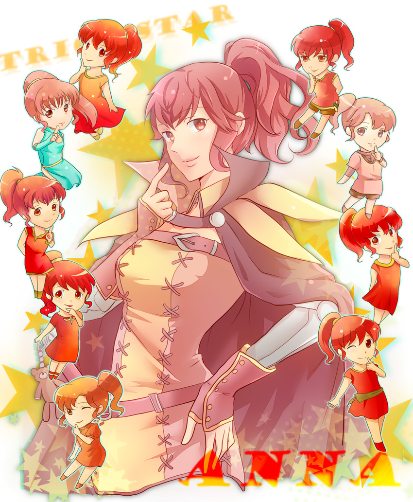 anna_(fire_emblem) belt blush buckle cape fire_emblem fire_emblem:_kakusei hand_on_hip highres long_sleeves looking_at_viewer looking_up multiple_persona ponytail red_eyes red_hair short_hair sidelocks stitches tareme thinking upper_body yomi_(vernala)