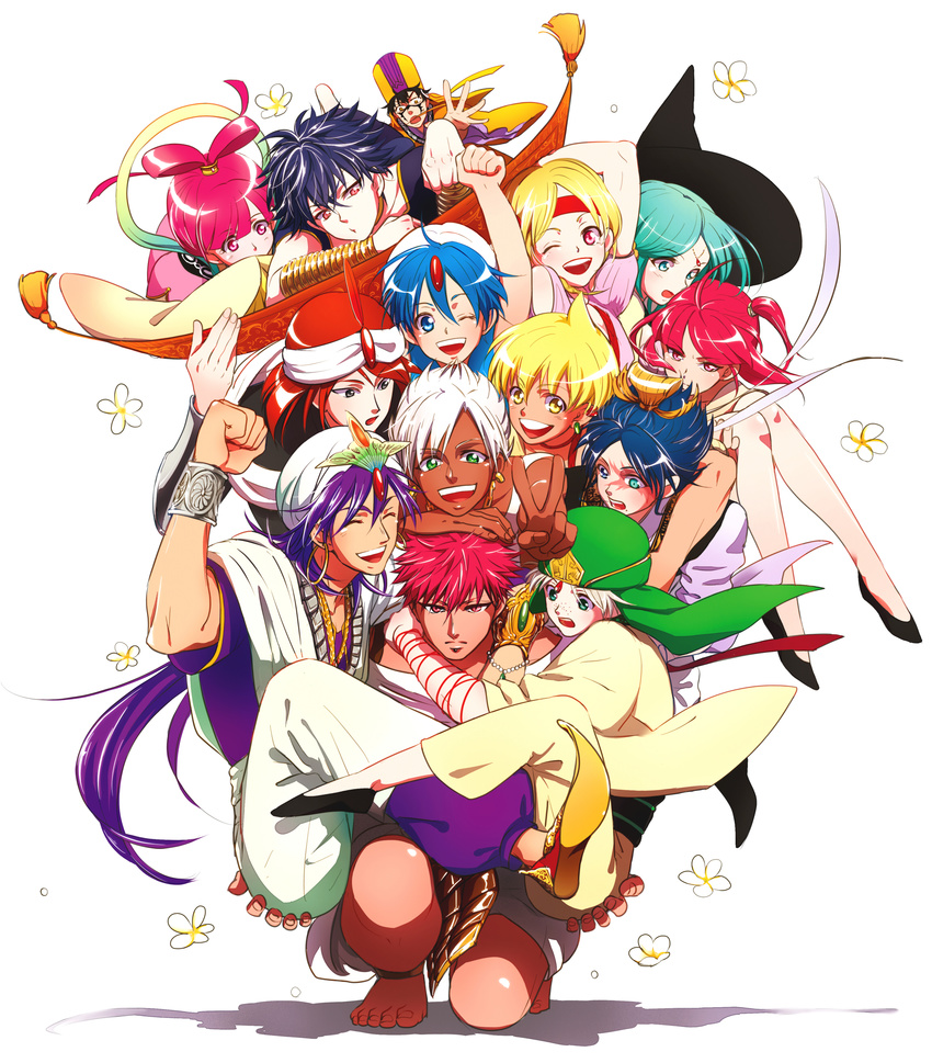 6+boys :t absurdres ahoge aladdin_(magi) ali_baba_saluja anklet aqua_eyes aqua_hair arabian_clothes arm_up bad_id bad_pixiv_id baggy_pants barefoot black_eyes black_hair blonde_hair blue_eyes blue_hair bracelet chinese_clothes closed_eyes cousins ear_piercing earrings facial_tattoo flower freckles green_eyes hair_ornament hair_rings hanfu hat headband heterochromia highres holding hoop_earrings ja'far jewelry judal ka_koubun keffiyeh long_hair magi_the_labyrinth_of_magic magic_carpet masrur mole morgiana multiple_boys multiple_girls one_eye_closed one_side_up open_mouth outstretched_arm pants piercing pink_eyes pink_hair pisti purple_hair red_eyes red_hair ren_hakuryuu ren_kougyoku scar sharrkan short_hair simple_background sinbad_(magi) smile spartos string tate_eboshi tattoo turban v vambraces white_background white_hair witch_hat yamuraiha yoshii_daisy