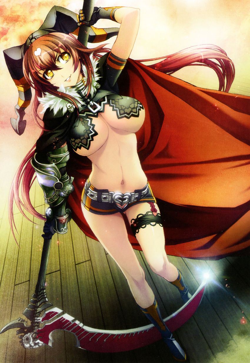 absurdres bangs boots breasts cape elbow_gloves fur_trim gauntlets gloves hat highres holding holding_weapon hyakka_ryouran_samurai_girls jester_cap knee_boots large_breasts looking_away midriff nishii_(nitroplus) red_hair scan scythe shiny short_sleeves shorts smile solo thigh_strap tokugawa_sen turtleneck weapon wooden_floor yellow_eyes