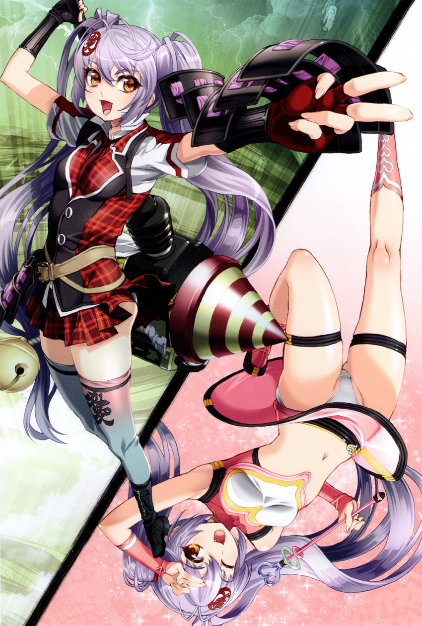 absurdres alternate_costume armpits bangs black_footwear boots breasts eyebrows_visible_through_hair fingerless_gloves gloves hair_ornament hammer highres holding holding_weapon huge_weapon hyakka_ryouran_samurai_girls knee_boots lavender_hair leg_up long_hair medium_breasts midriff miniskirt naoe_kanetsugu_(hyakka_ryouran) navel necktie nishii_(nitroplus) novel_illustration official_art one_eye_closed open_mouth panties pleated_skirt purple_legwear scan skirt sleeveless smile sparkle thighhighs twintails underwear very_long_hair weapon yellow_eyes zettai_ryouiki