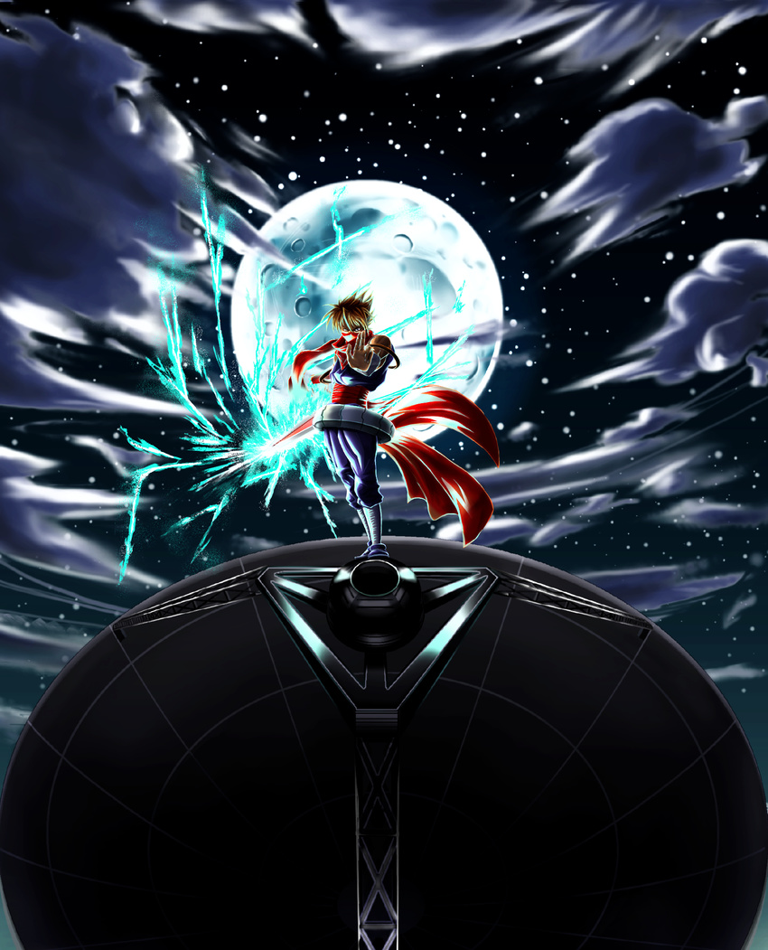 bandana belt brown_hair cloud energy highres looking_at_viewer male_focus moon night ninja plasma_sword radar science_fiction solo standing star_(sky) strider_(video_game) strider_hiryuu