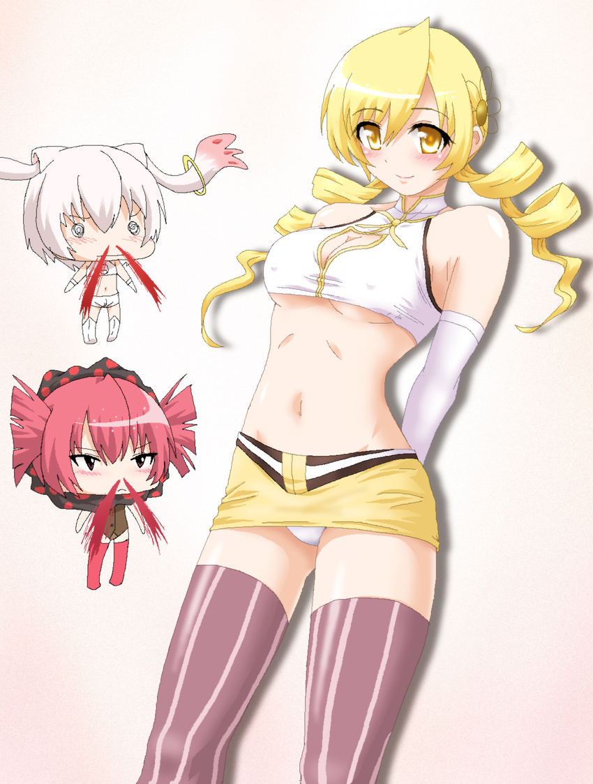 alternate_costume androgynous blonde_hair blood breasts charlotte_(madoka_magica) drill_hair hayashiya_zankurou highres kyubey large_breasts mahou_shoujo_madoka_magica miniskirt multiple_girls nosebleed panties personification red_eyes red_hair skirt thighhighs tomoe_mami twin_drills twintails underboob underwear white_hair white_panties yellow_eyes