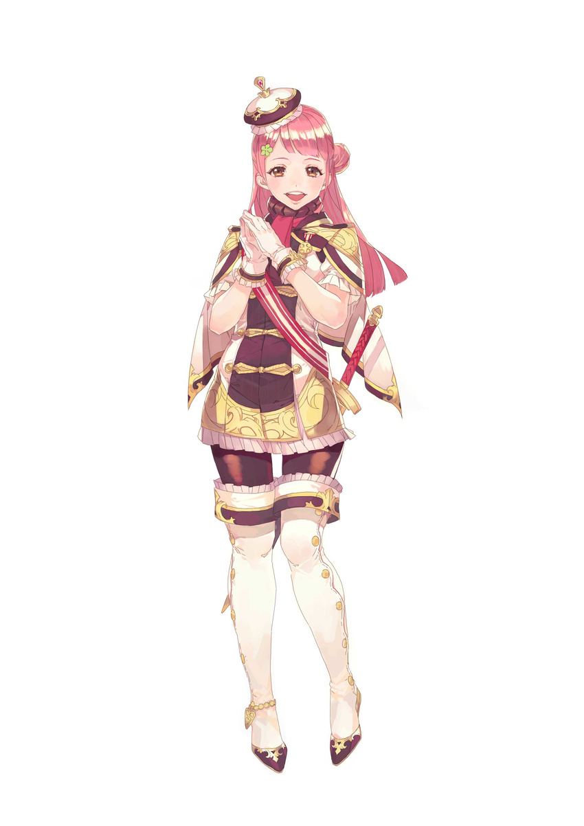 absurdres artist_request brown_eyes cape crown epaulettes fantasy_earth_zero gloves hair_ornament hands_together hat highres open_mouth pink_hair sash smile solo sword thighhighs uniform weapon