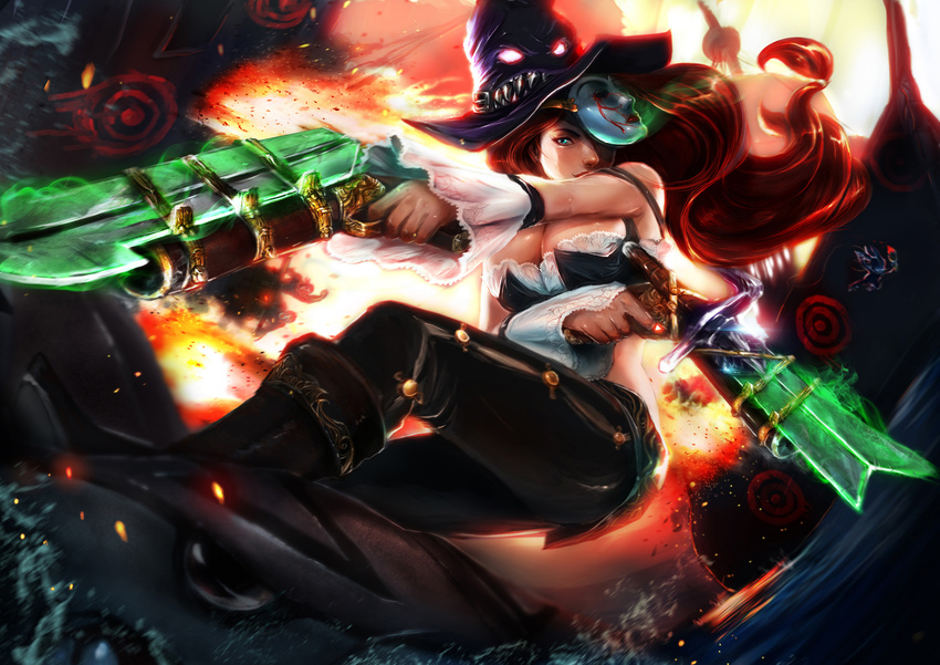 artist_request bare_shoulders bayonet blue_eyes boat boots breasts chomper cleavage detached_sleeves dual_wielding explosion fangs fizz_(league_of_legends) gun handgun hat highres holding lace large_breasts league_of_legends long_hair mask mask_over_one_eye pistol red_hair sarah_fortune smile solo watercraft weapon witch_hat