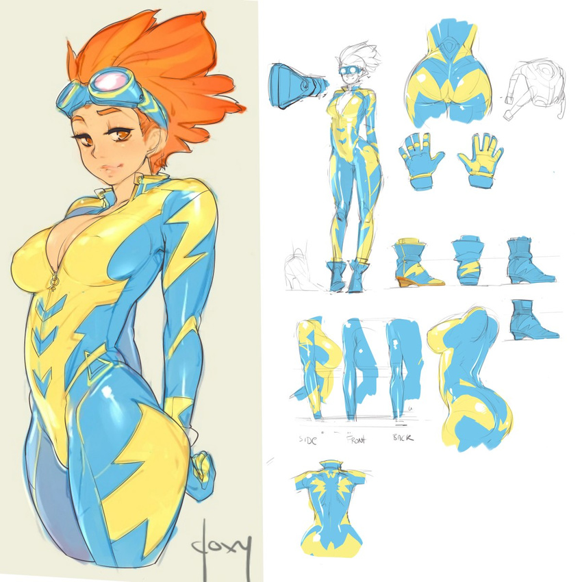 arms_behind_back ass blue_bodysuit bodysuit breasts character_sheet curvy doxy goggles goggles_on_head half-closed_eyes highres large_breasts multicolored multicolored_bodysuit multicolored_clothes multiple_views my_little_pony my_little_pony_friendship_is_magic orange_eyes orange_hair personification short_hair skin_tight spitfire_(my_little_pony) turnaround yellow_bodysuit zipper