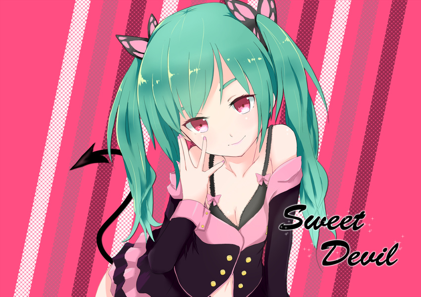 bra copyright_name demon_girl demon_tail green_hair hatsune_miku honey_whip_(module) long_hair looking_at_viewer nail_polish off_shoulder pink_eyes project_diva_(series) project_diva_f rua_(abcd29211) solo striped striped_background succubus sweet_devil_(vocaloid) tail twintails underwear vocaloid