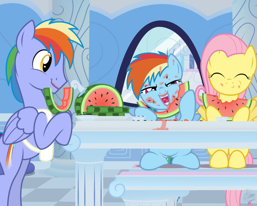 amber_eyes apron blue_fur cub eating equine female feral fluttershy_(mlp) food friendship_is_magic fruit fur hair horse kitchen male mammal multi-colored_hair my_little_pony niggerfaggot open_mouth pegasus pink_hair pony purple_eyes rainbow_dad rainbow_dash_(mlp) rainbow_hair watermelon wings yellow_fur young