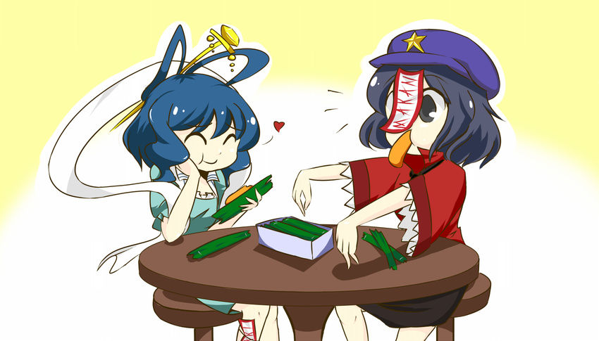 :t black_eyes blue_hair box chinese_clothes closed_eyes dress eating expressive_clothes food food_in_mouth hair_ornament hair_rings hair_stick hat heart kaku_seiga looking_at_another miyako_yoshika multiple_girls ofuda outstretched_arms pun shawl short_sleeves simple_background star stool table touhou white_background wool_(miwol) yellow_background zombie_pose